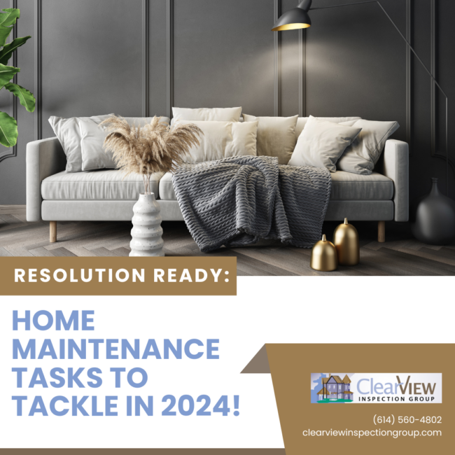 Clear View Inspection Group Resolution Ready_ Home Maintenance Tasks to Tackle in 2024! Living room with white couch
