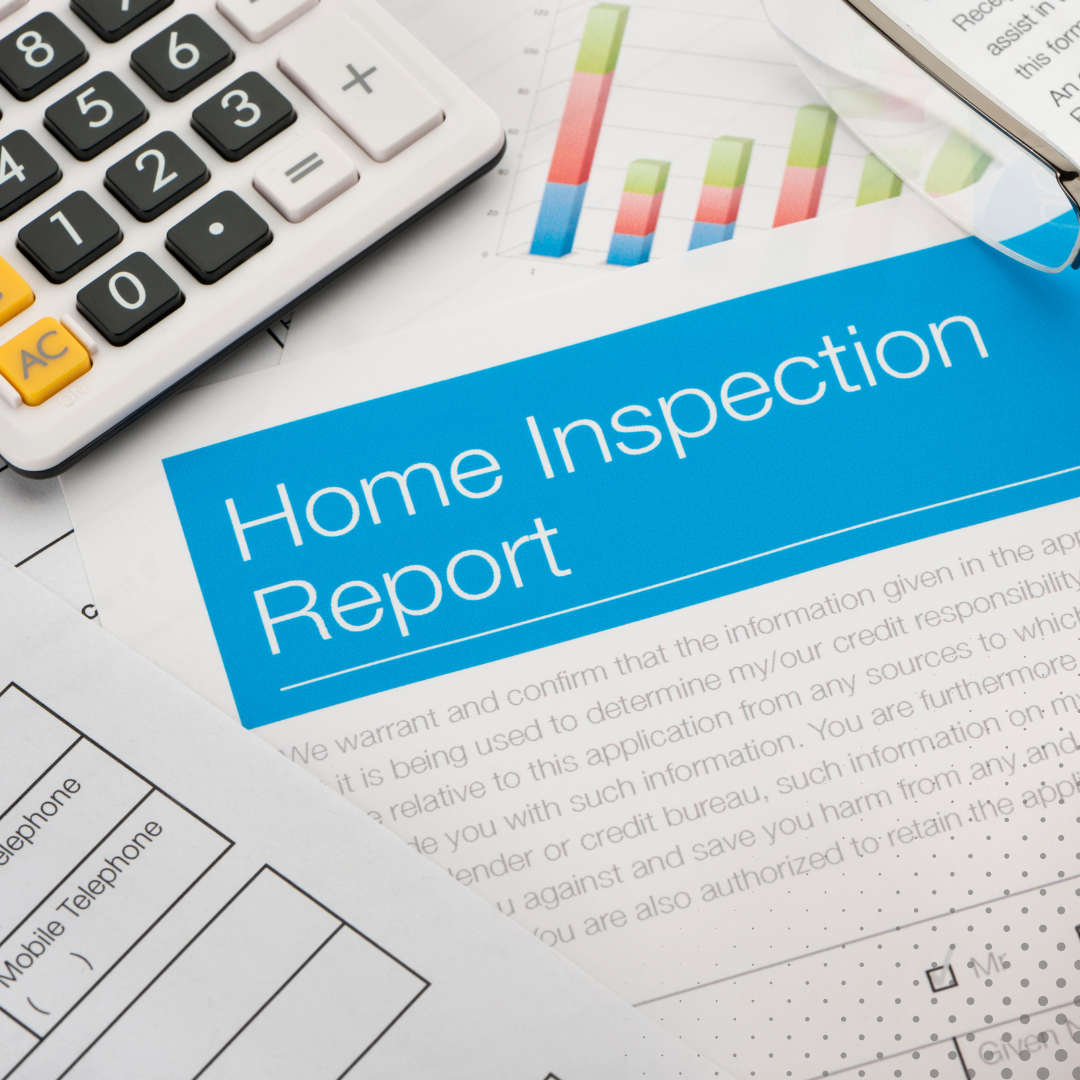 a home inspection report with a calculator, pen and calculator

