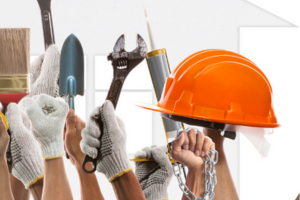 Clear View multiple arms raised in the air, each holding different tools associated with construction and home inspection