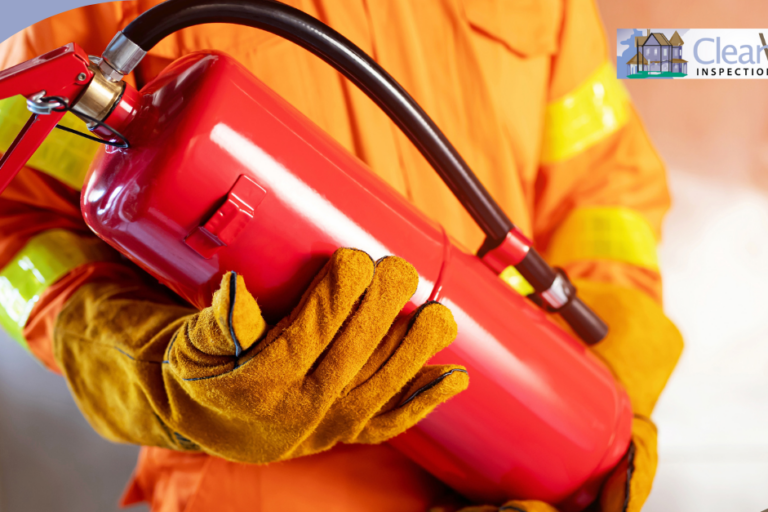 Fire safety professional in orange protective gear holding a red fire extinguisher