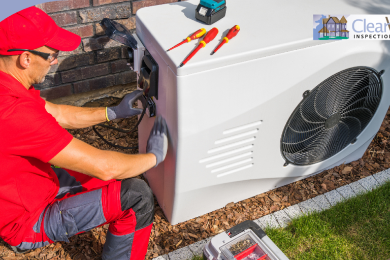 Clear View Inspection Group (4) Technician servicing an energy-efficient outdoor HVAC unit